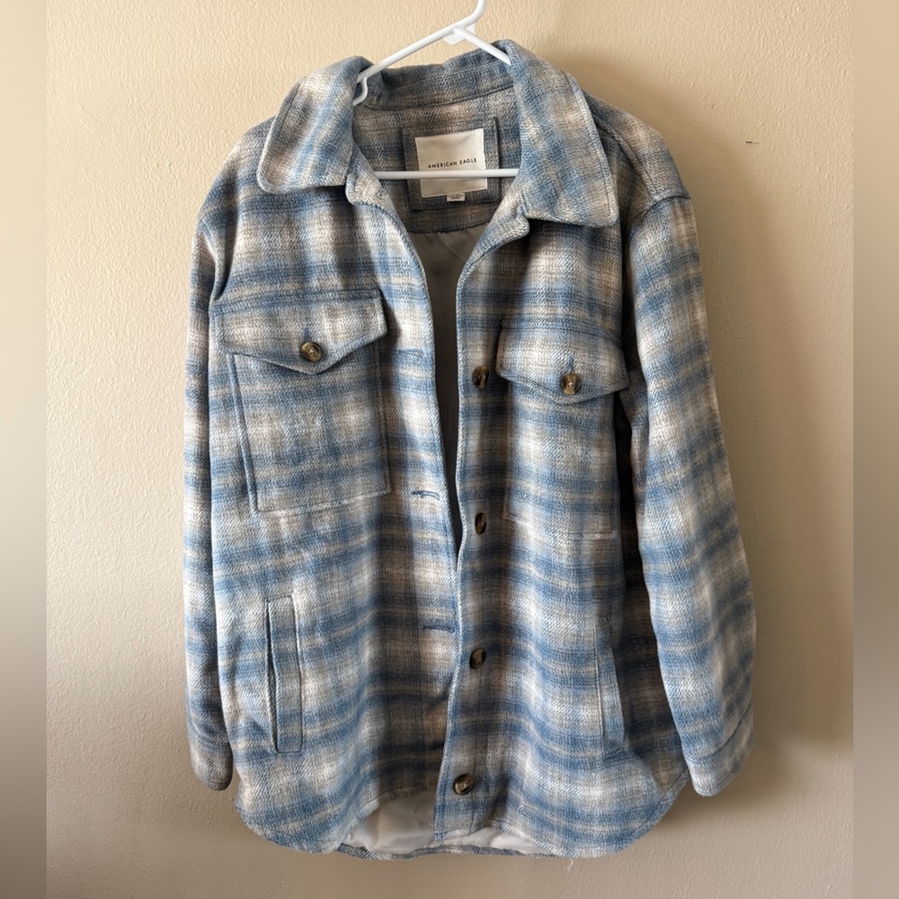 American Eagle Plaid Flannel Oversized Shacket Blue Grey Shirt Jacket size M